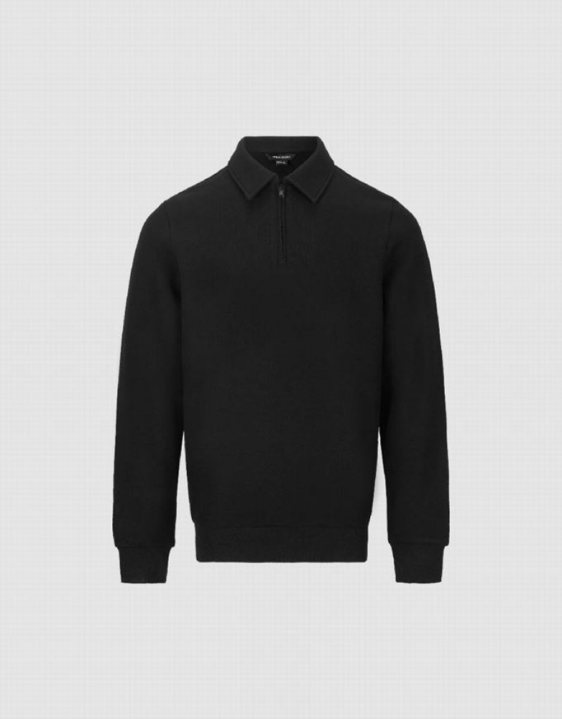 Black Urban Revivo Zip Half Placket Men's Polo Shirts | 81209GBUD