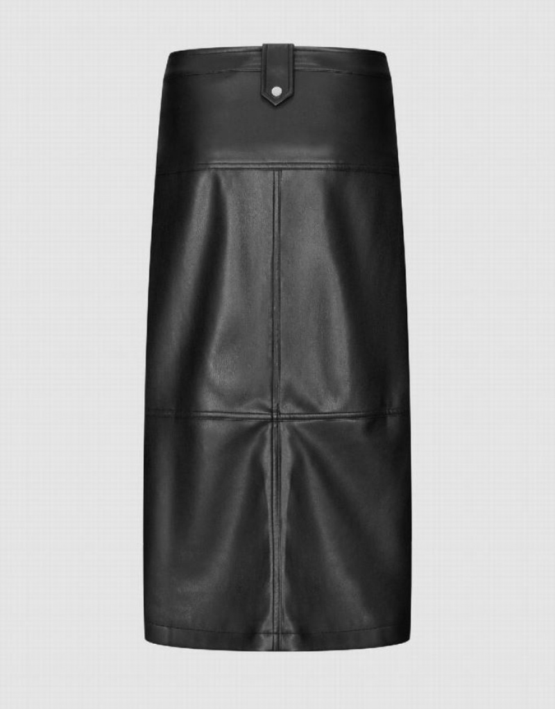 Black Urban Revivo Zip Up Midi Vegan Leather Women's Skirts | 53987OBGU