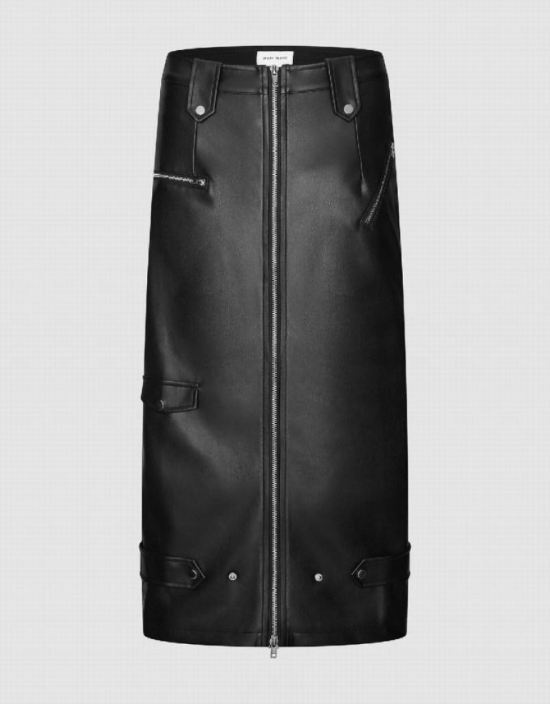 Black Urban Revivo Zip Up Midi Vegan Leather Women\'s Skirts | 53987OBGU