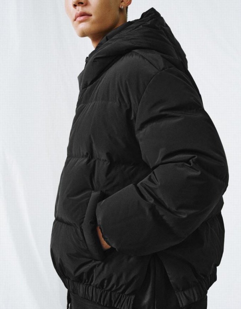 Black Urban Revivo Zipper Front Hooded Men's Down Jackets | 63875PYHU