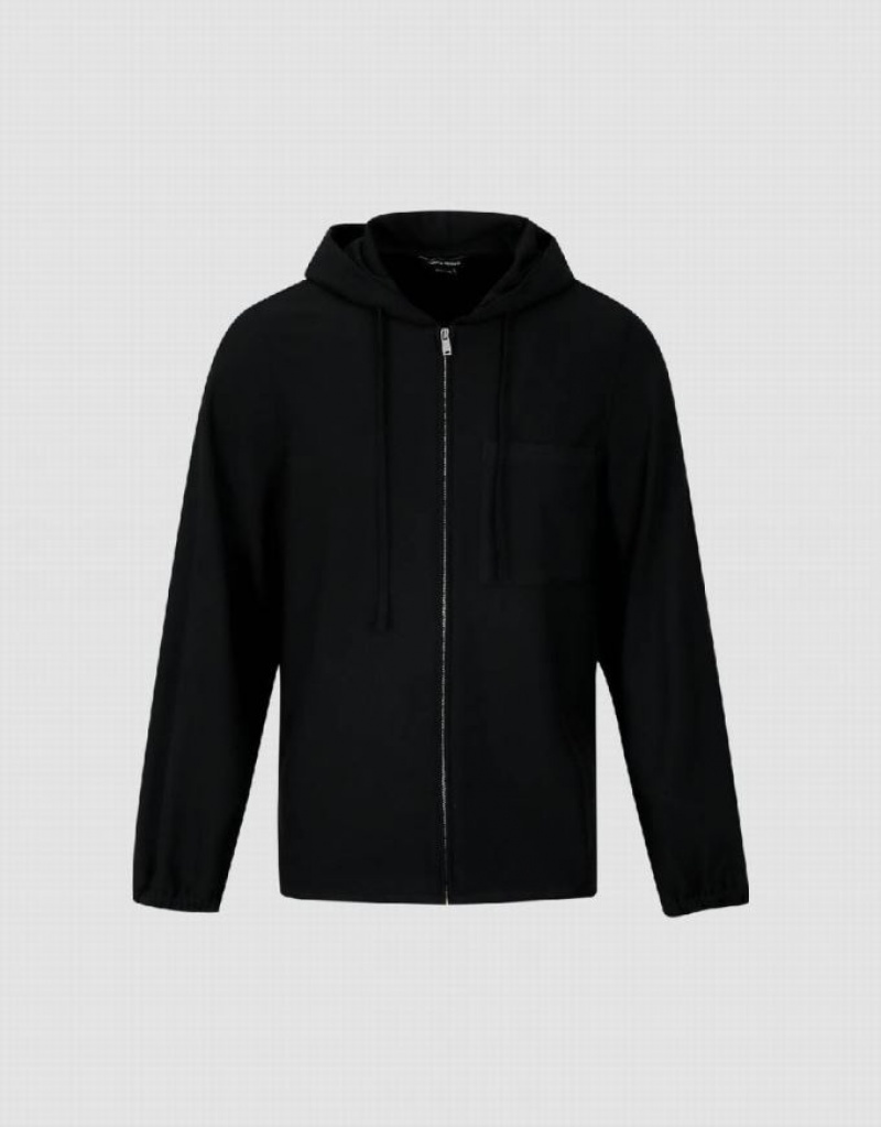 Black Urban Revivo Zipper Front Men's Hooded Jackets | 93786DHGA