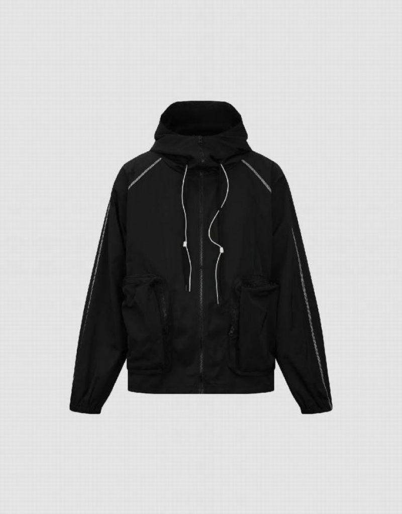 Black Urban Revivo Zipper Front Oversized Men's Hooded Jackets | 92631NUQX