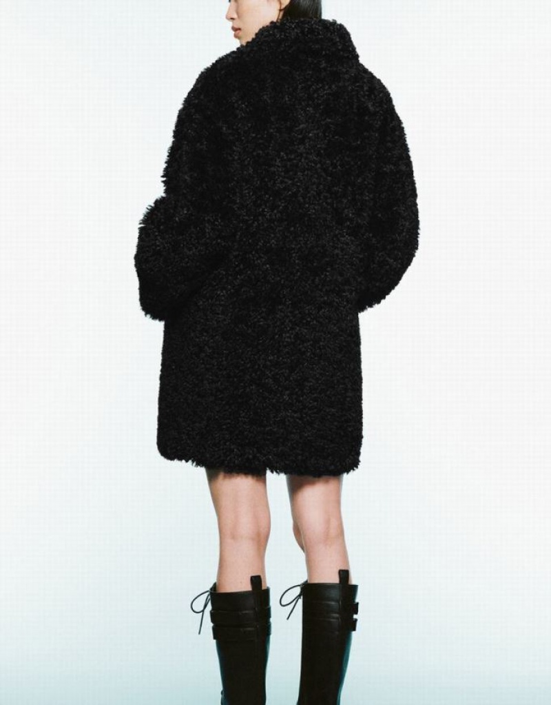 Black Urban Revivo Zipper Front Straight Furry Women's Coats | 45320VUQS