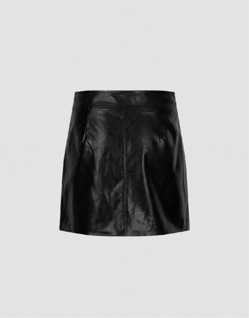 Black Urban Revivo Zipper Front Vegan Leather Mini A-Line Women's Skirts | 63789RVIX