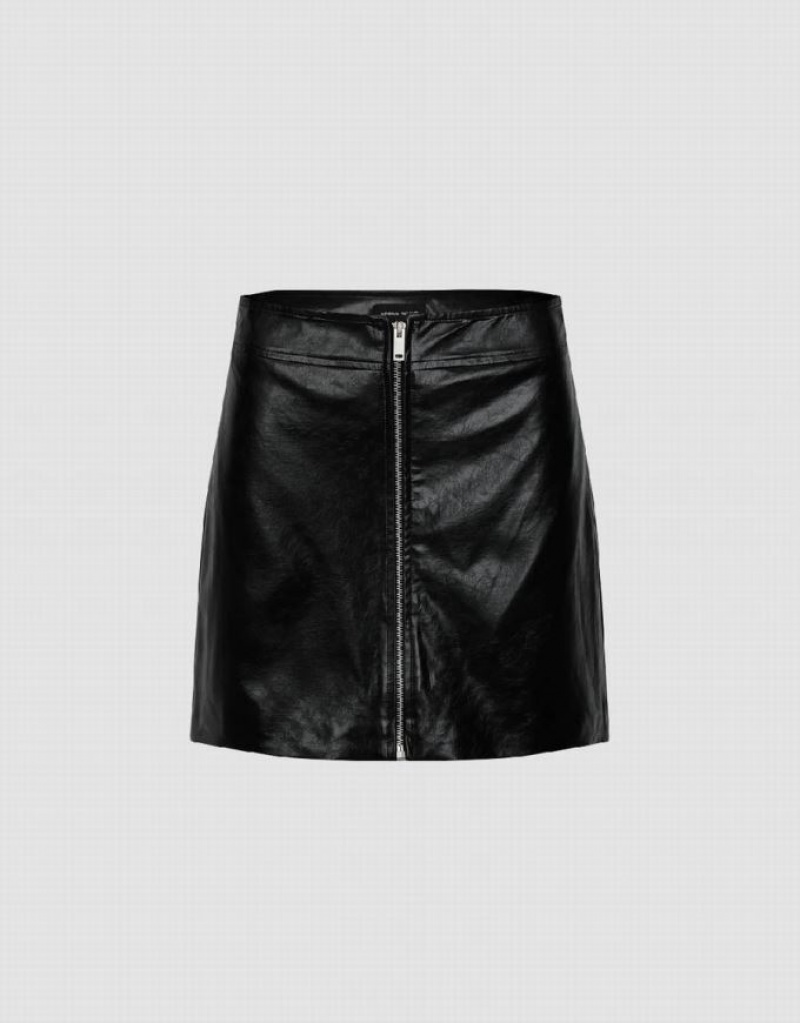 Black Urban Revivo Zipper Front Vegan Leather Mini A-Line Women\'s Skirts | 63789RVIX