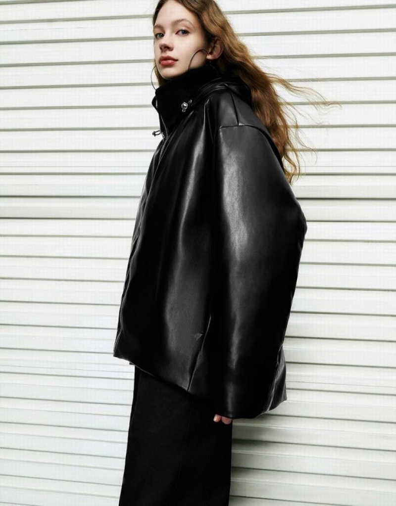 Black Urban Revivo Zipper Front Vegan Leather Women's Down Jackets | 80647VPFB