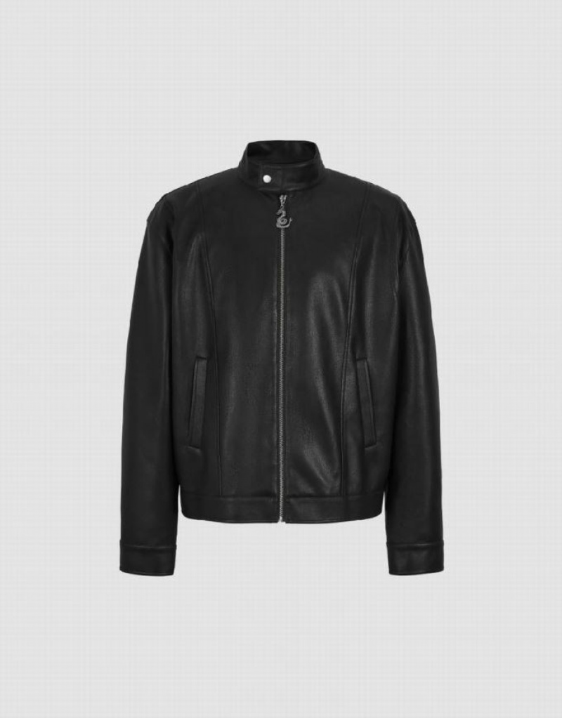 Black Urban Revivo Zipper Front Vegan Men's Leather Jackets | 19845WXTQ