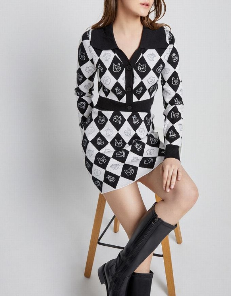 Black / White Urban Revivo Argyle Pattern Knitted Women's Skirts | 58436KAPO