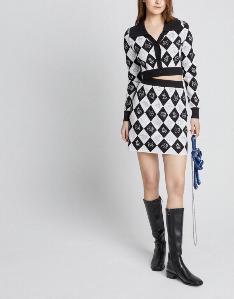 Black / White Urban Revivo Argyle Pattern Knitted Women's Skirts | 58436KAPO