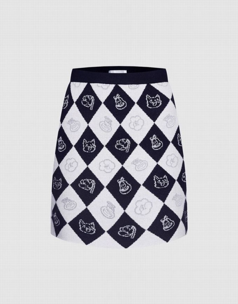 Black / White Urban Revivo Argyle Pattern Knitted Women\'s Skirts | 58436KAPO