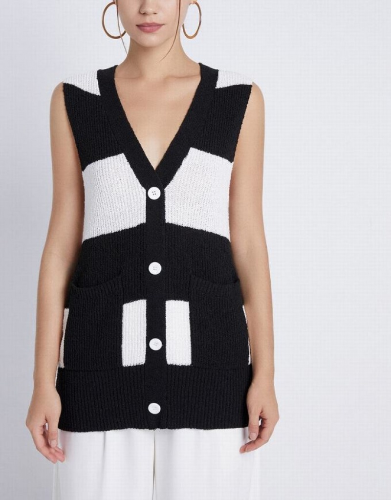 Black / White Urban Revivo Two Tone Button Front Women's Sweater Vest | 40179NDCZ