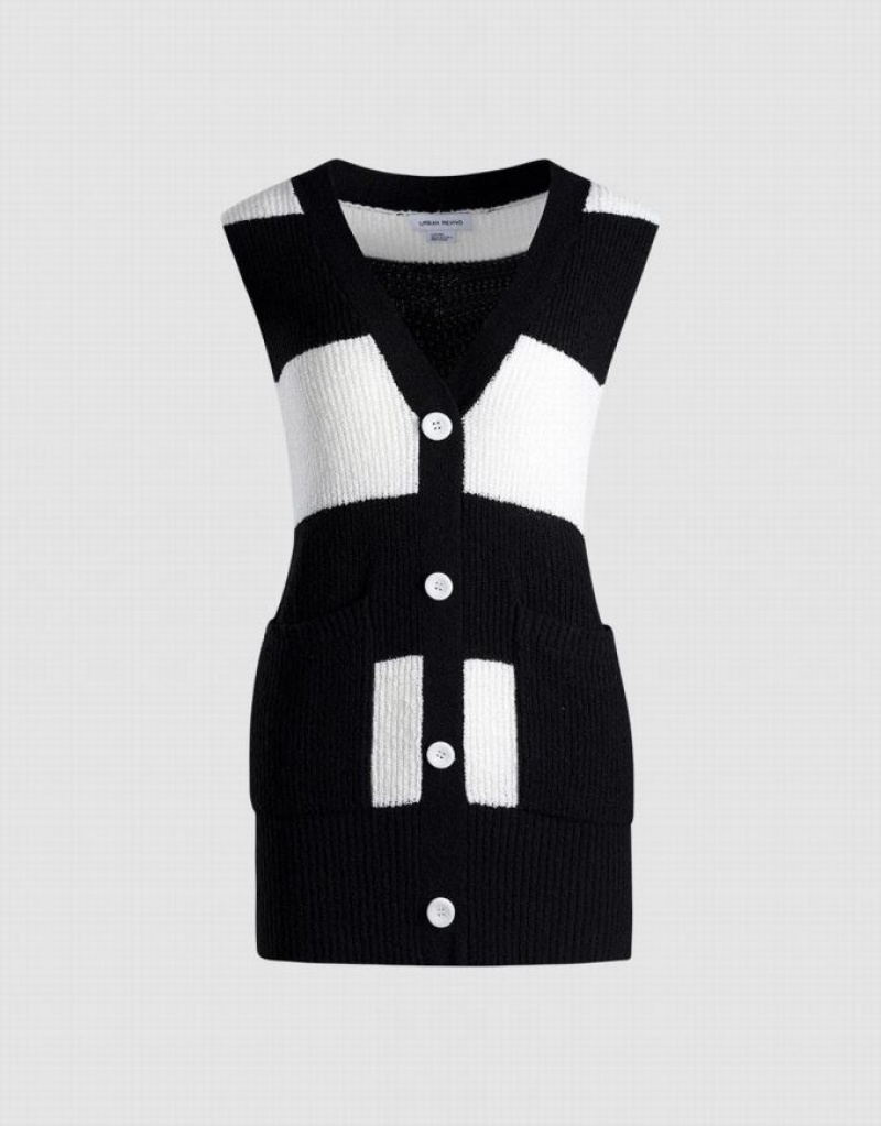 Black / White Urban Revivo Two Tone Button Front Women\'s Sweater Vest | 40179NDCZ