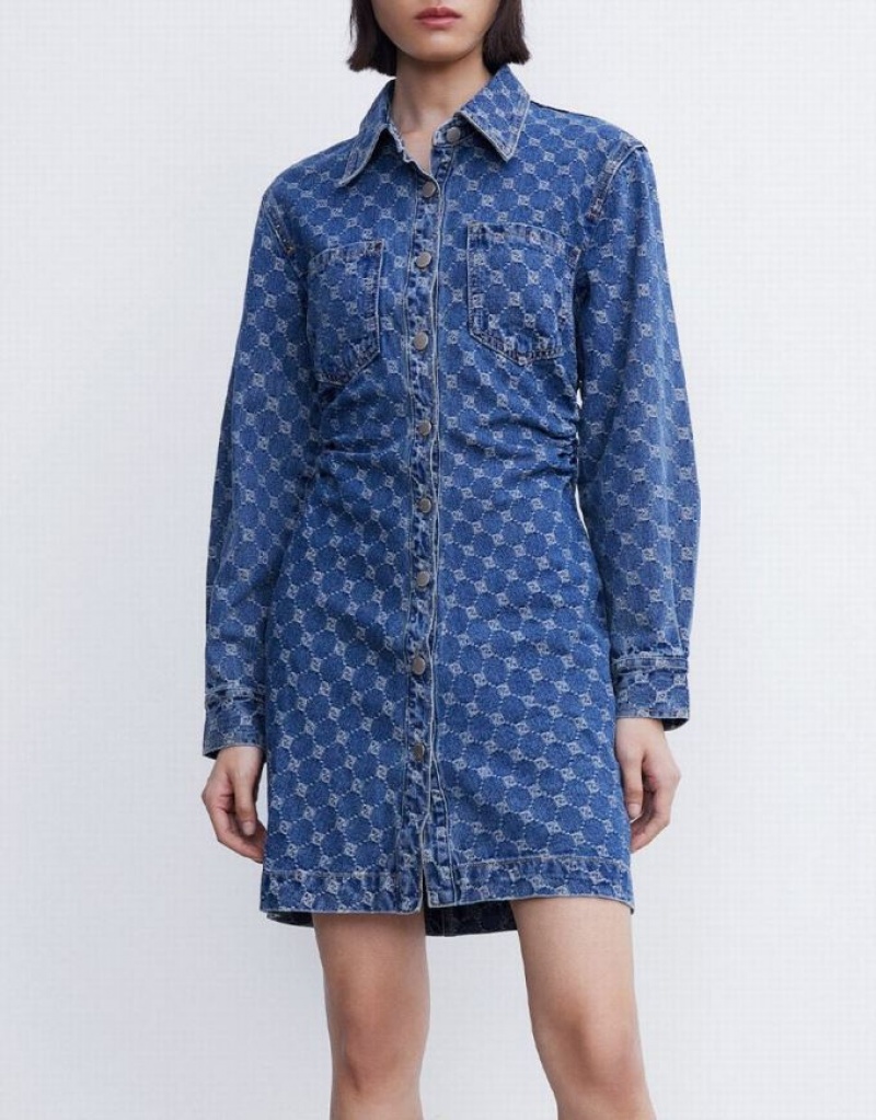 Blue Urban Revivo Allover Jacquard Ruched Button Up Women's Denim Dress | 96503DEUR