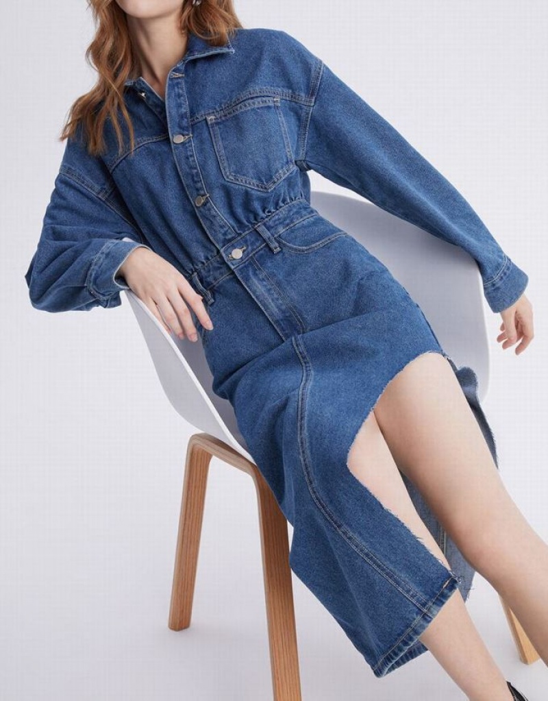 Blue Urban Revivo Asymmetrical Hem Women's Denim Dress | 63785QUID