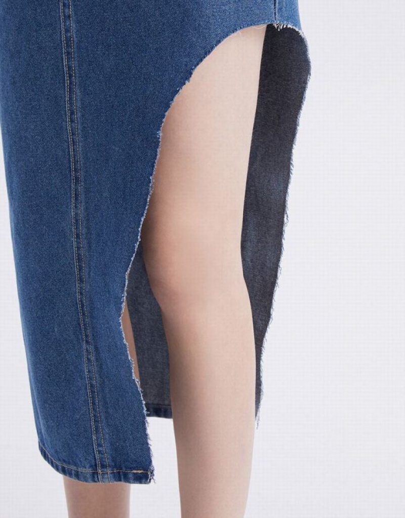 Blue Urban Revivo Asymmetrical Hem Women's Denim Dress | 63785QUID