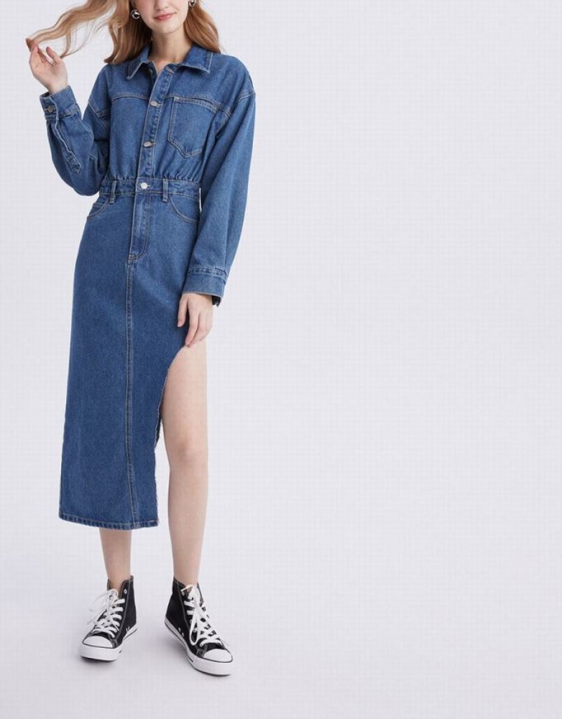 Blue Urban Revivo Asymmetrical Hem Women's Denim Dress | 63785QUID