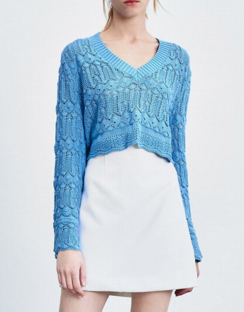 Blue Urban Revivo Bell Sleeve Pointelle Knit Top Women's Cardigan | 94127SVYG