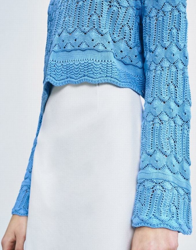 Blue Urban Revivo Bell Sleeve Pointelle Knit Top Women's Cardigan | 94127SVYG