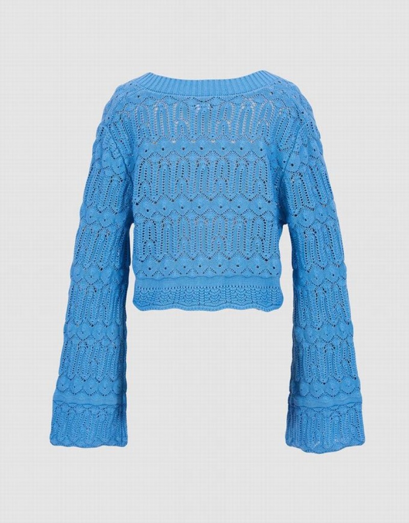 Blue Urban Revivo Bell Sleeve Pointelle Knit Top Women's Cardigan | 94127SVYG