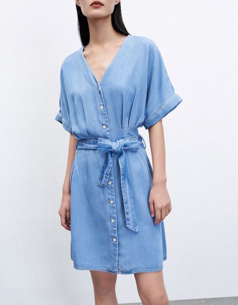 Blue Urban Revivo Button Front Belted Women's Denim Dress | 92017PGAN