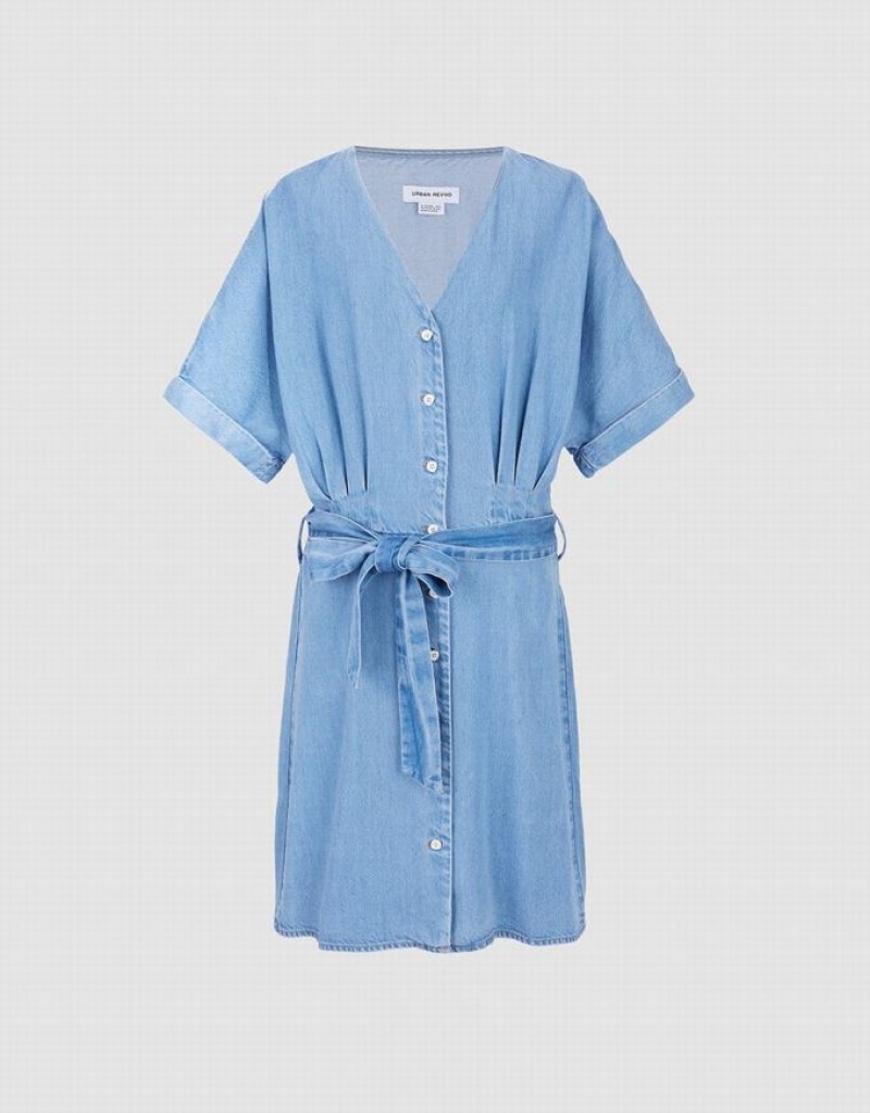 Blue Urban Revivo Button Front Belted Women\'s Denim Dress | 92017PGAN