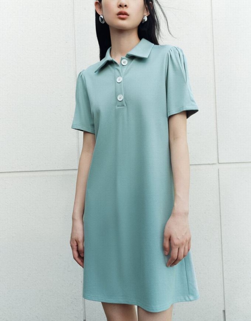 Blue Urban Revivo Button Half Placket Straight Women's Dress | 14803AVRI