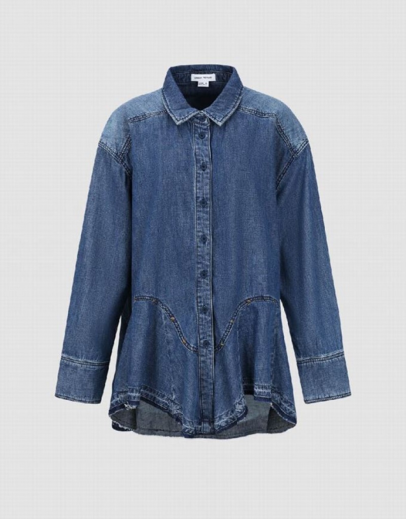 Blue Urban Revivo Button Up Loose Denim Women's Shirts | 91874ENSX