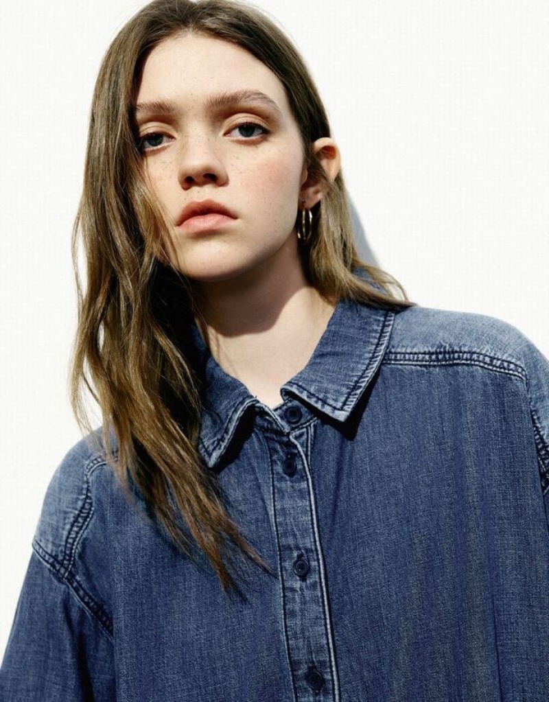 Blue Urban Revivo Button Up Loose Denim Women's Shirts | 91874ENSX