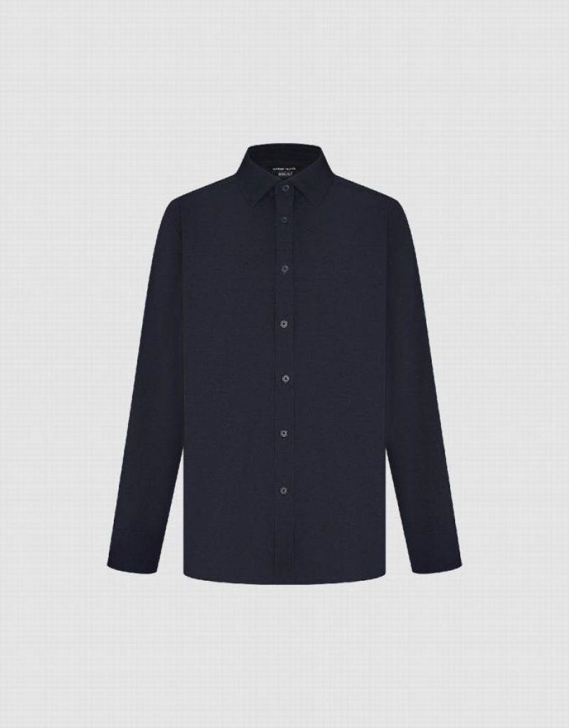 Blue Urban Revivo Button Up Loose Men's Shirts | 08354ZJWD