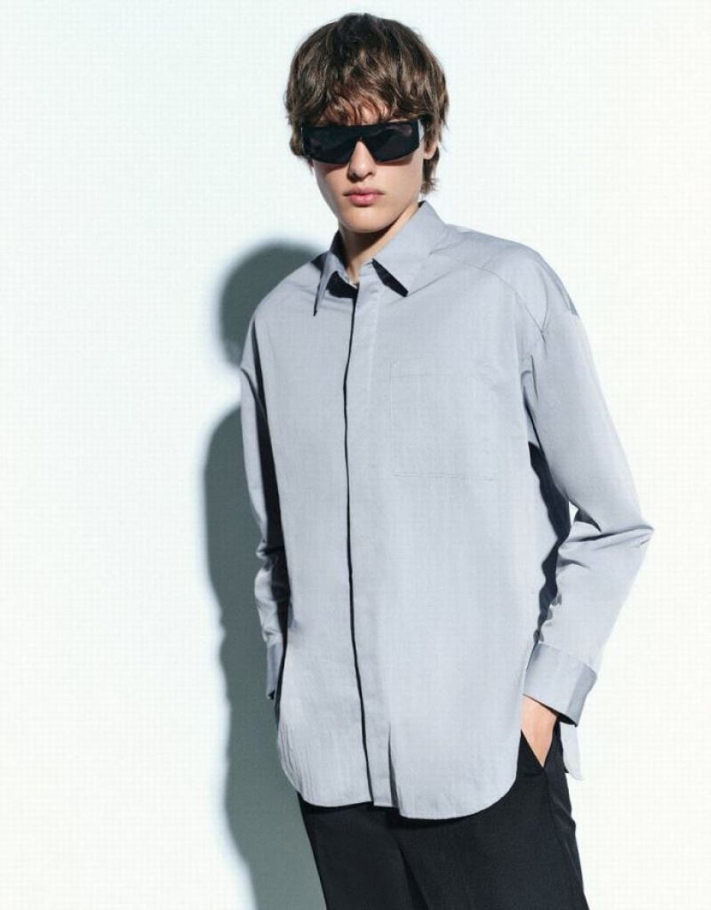 Blue Urban Revivo Button Up Loose Men's Shirts | 07489ICOE