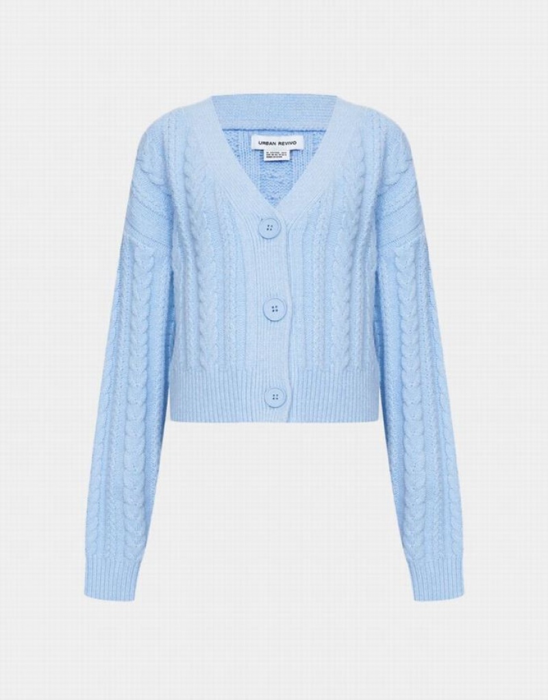 Blue Urban Revivo Cable Knit Button Up Women\'s Cardigan | 19347CNXU