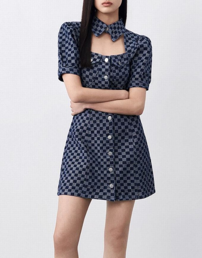 Blue Urban Revivo Checkered Cut Out Front Women's Denim Dress | 28379HGLY