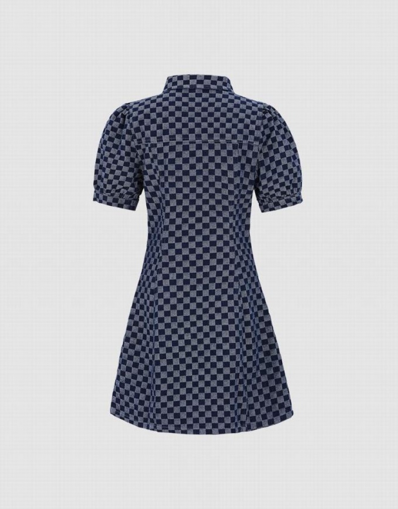 Blue Urban Revivo Checkered Cut Out Front Women's Denim Dress | 28379HGLY