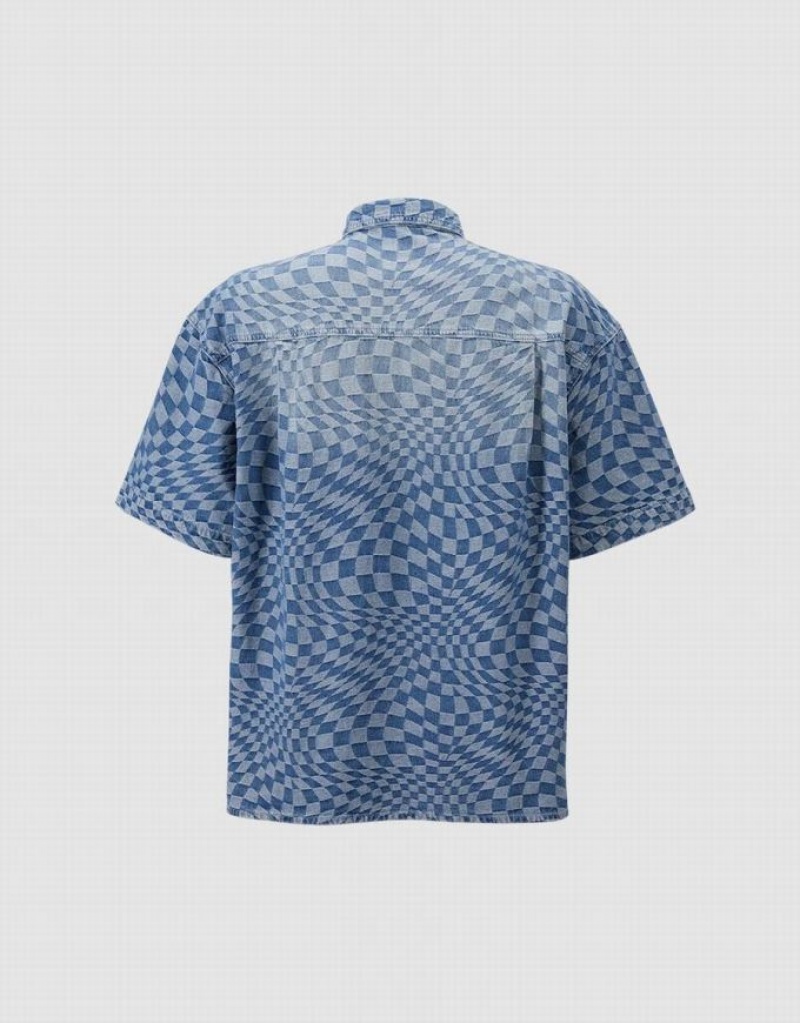 Blue Urban Revivo Checkered Denim Men's Shirts | 98014YXUV