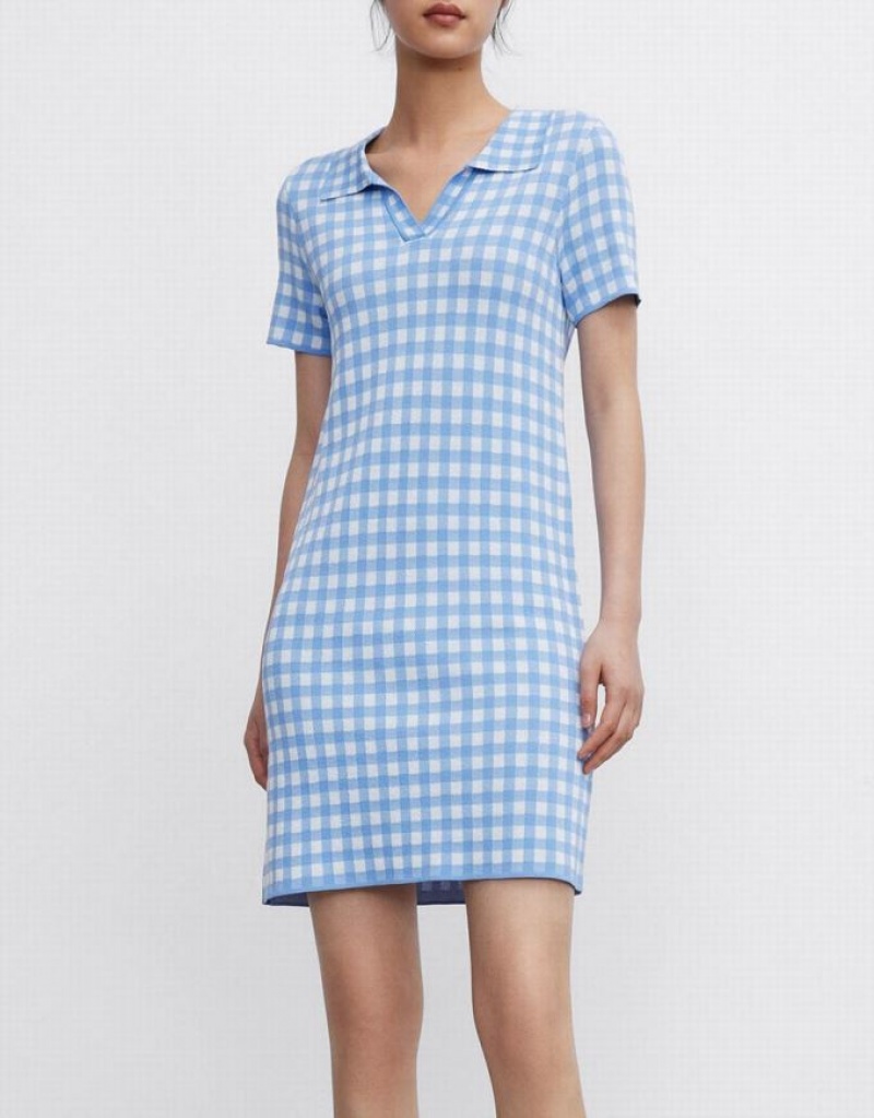 Blue Urban Revivo Checkered Mini Women's Knitted Dress | 71926KGQI