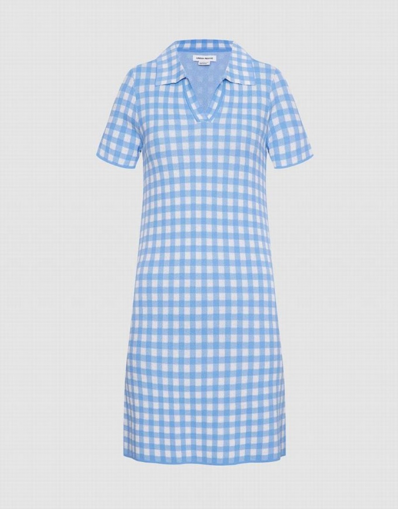 Blue Urban Revivo Checkered Mini Women\'s Knitted Dress | 71926KGQI