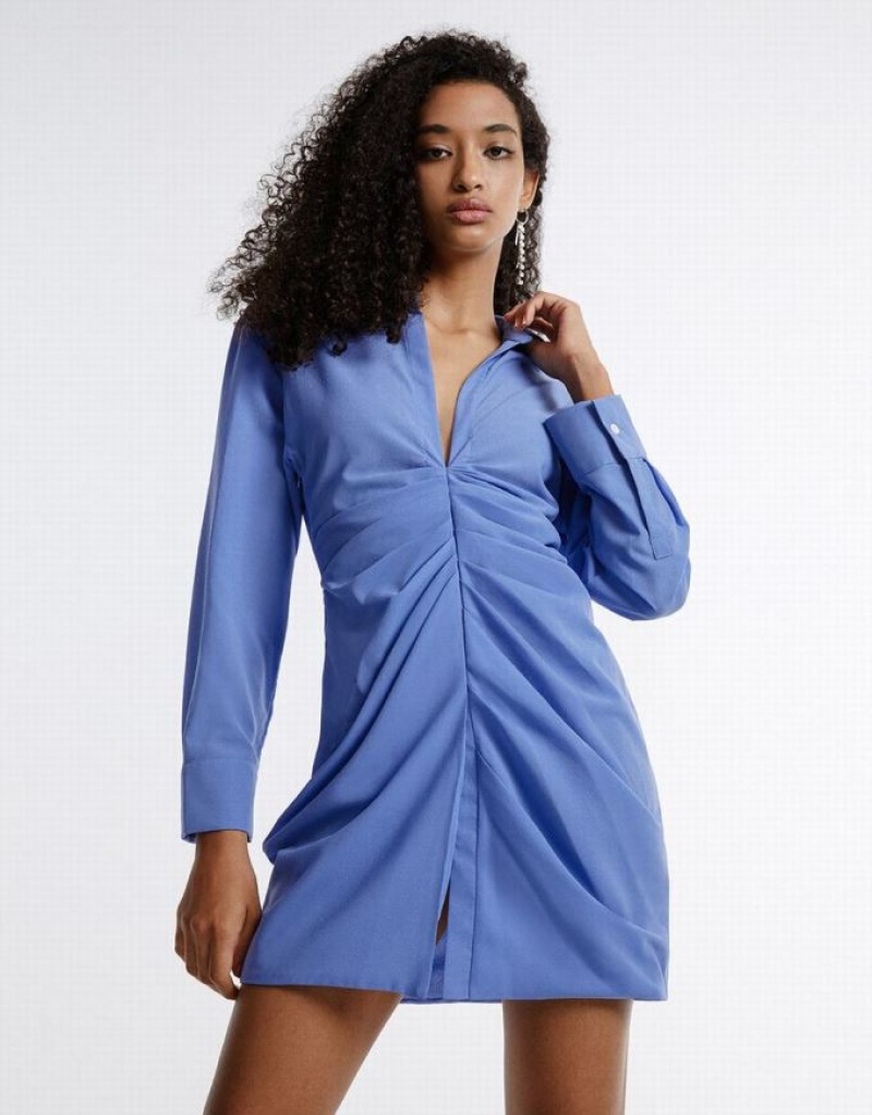 Blue Urban Revivo Chiffon Ruched Women\'s Shirt Dress | 78926KXCO