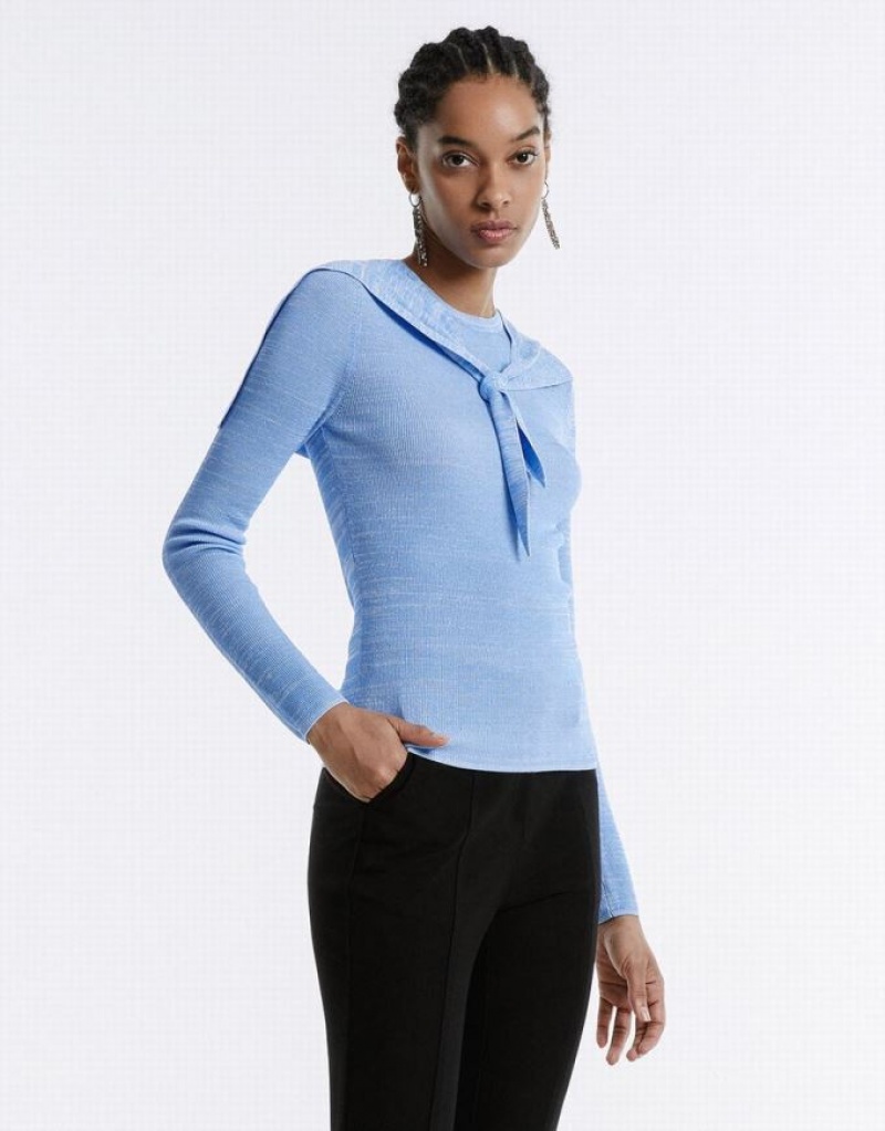 Blue Urban Revivo Combination Tie Front Knitted Top Women's Cardigan | 96348PIOJ