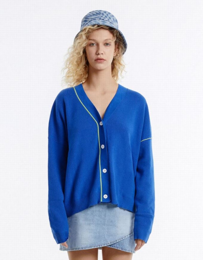 Blue Urban Revivo Contrast Stitch Women's Cardigan | 61732XHJR