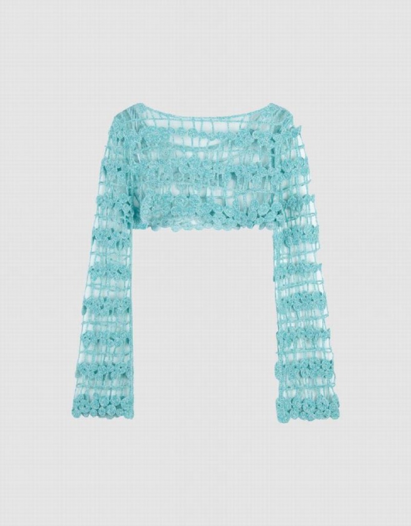 Blue Urban Revivo Crochet Knitted Women's Cardigan | 85260PFCD