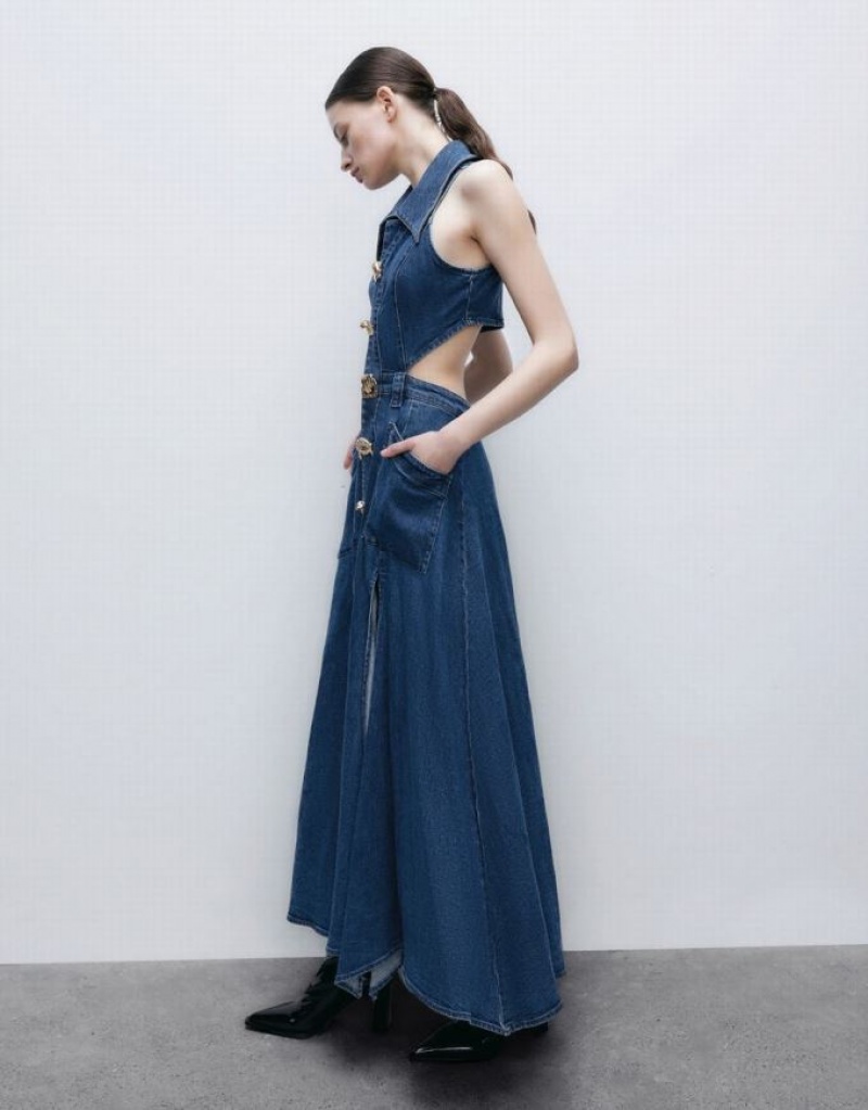 Blue Urban Revivo Cut-Out Sleeveless Lapel Women's Denim Dress | 02785MTKD