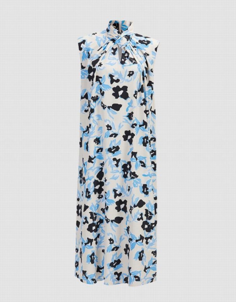 Blue Urban Revivo Cut Out Floral Print Sleeveless Women\'s Casual Dress | 86234XORS