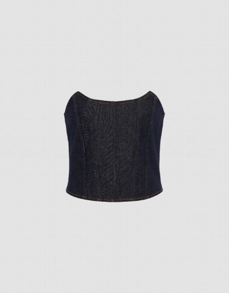 Blue Urban Revivo Denim Tube Top Women's Shirts | 95312DSBV