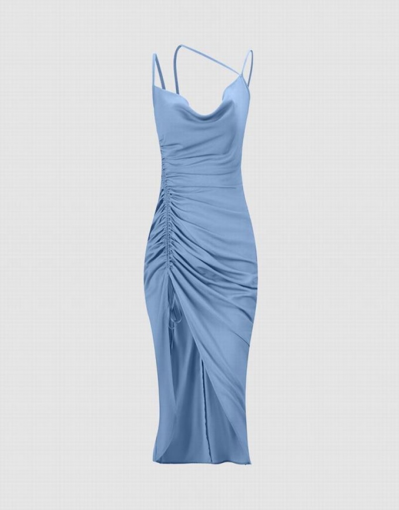 Blue Urban Revivo Draped Midi Women's Midi Dress | 90785CPFE