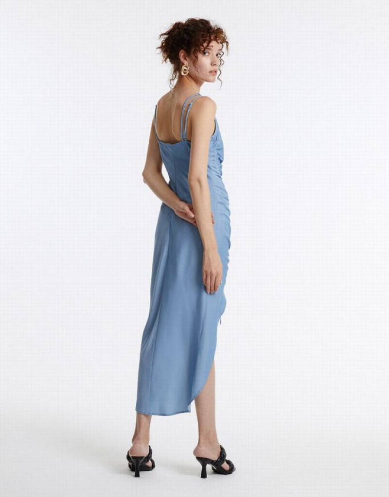 Blue Urban Revivo Draped Midi Women's Midi Dress | 90785CPFE