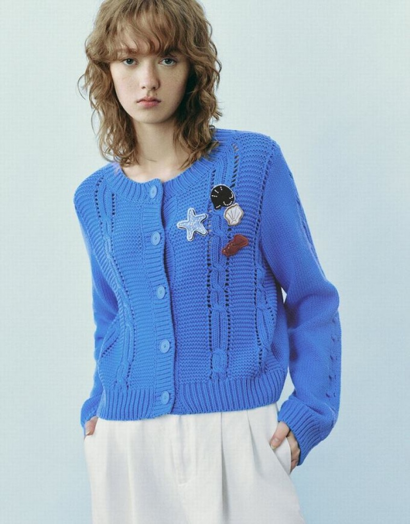 Blue Urban Revivo Drop Shoulder Sleeve Crew Neck Knitted Women\'s Cardigan | 89103RWZM