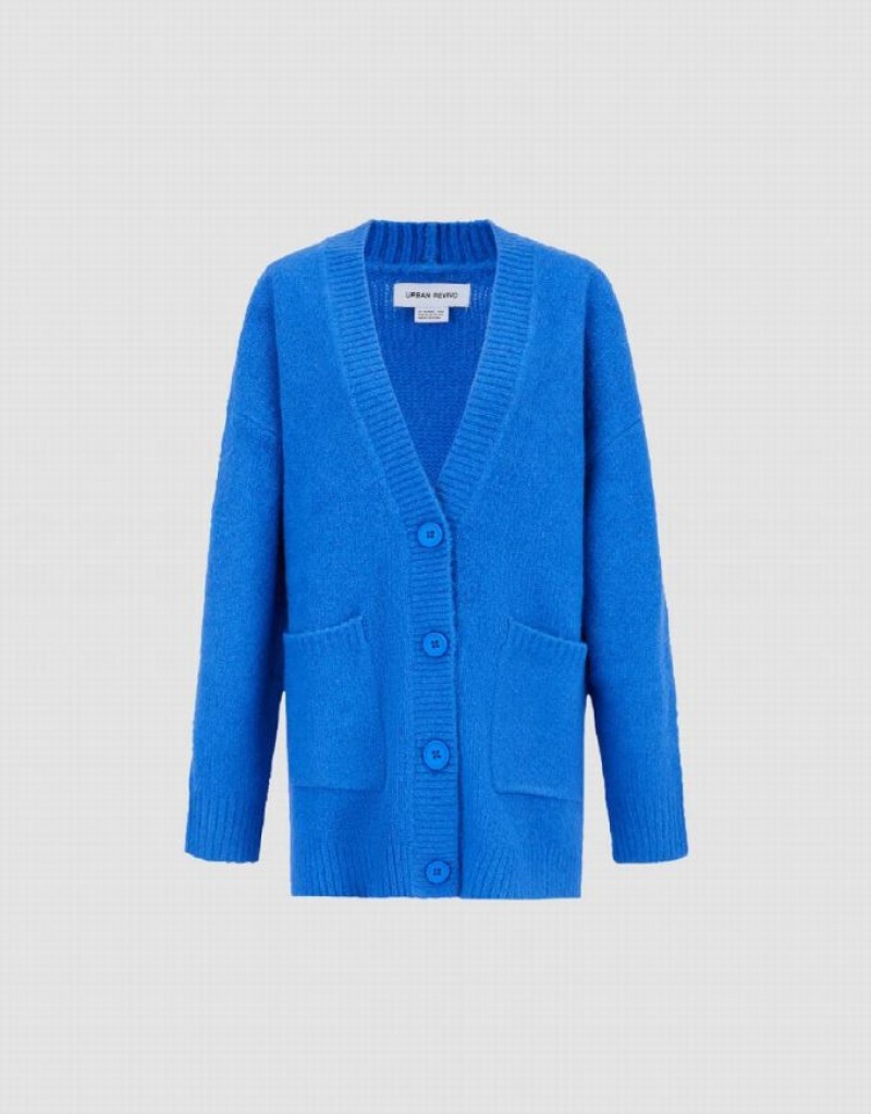 Blue Urban Revivo Drop Shoulder Sleeve V-Neck Knitted Women's Cardigan | 64120KTHL