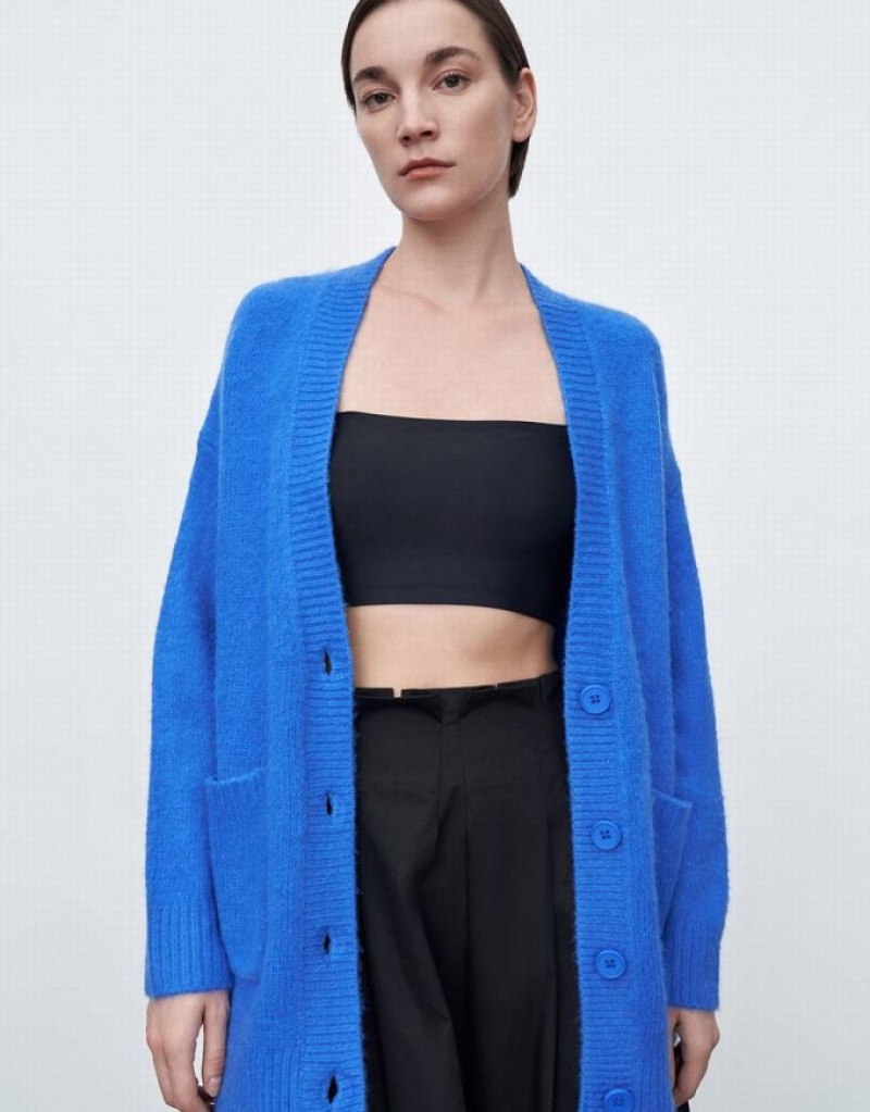 Blue Urban Revivo Drop Shoulder Sleeve V-Neck Knitted Women's Cardigan | 64120KTHL