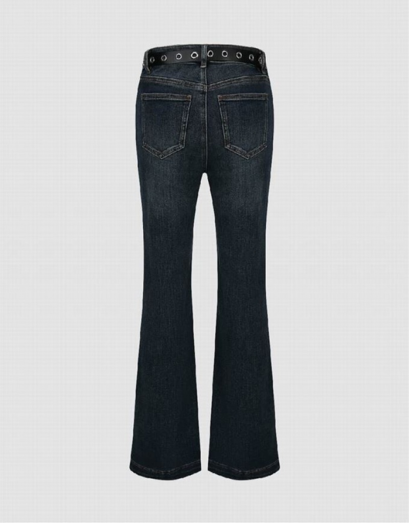 Blue Urban Revivo Flare With Belt Women's Jeans | 98210IPGQ