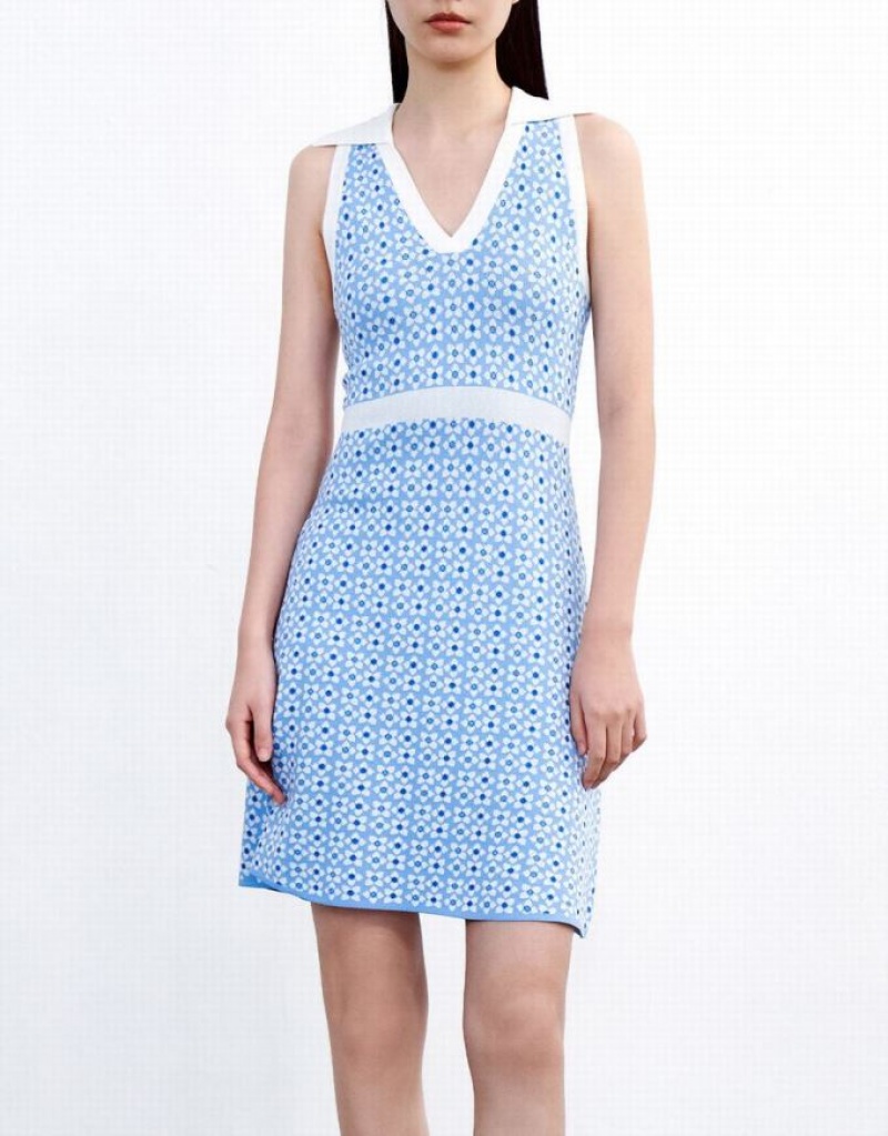 Blue Urban Revivo Floral Pattern Sleeveless Women's Knitted Dress | 89036QDCS